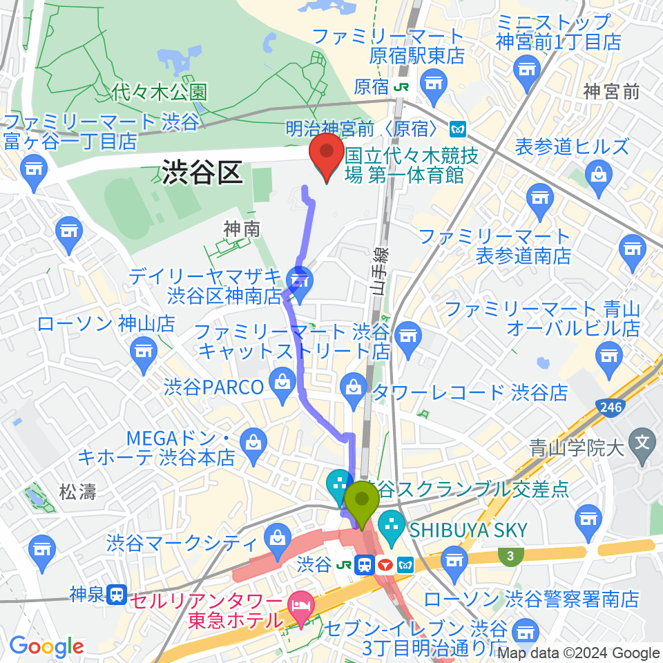 渋谷駅から代々木第一体育館へのルートマップ地図