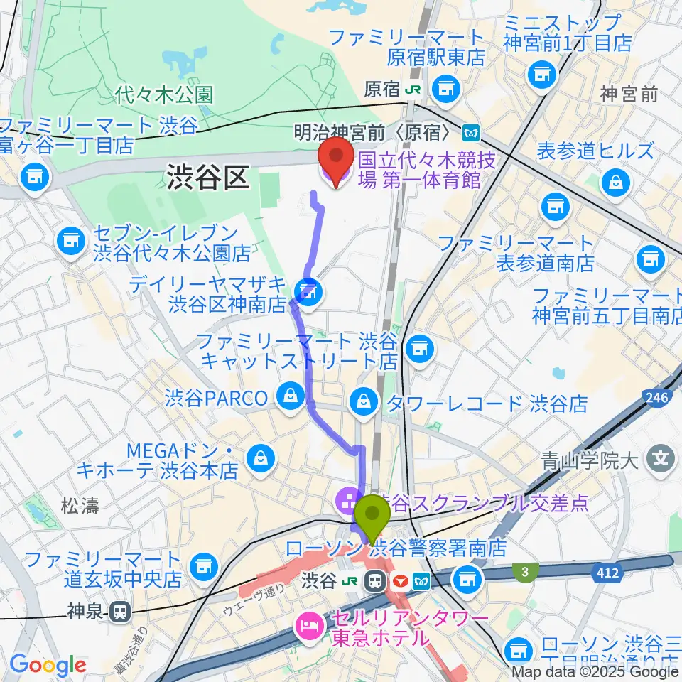 渋谷駅から代々木第一体育館へのルートマップ地図