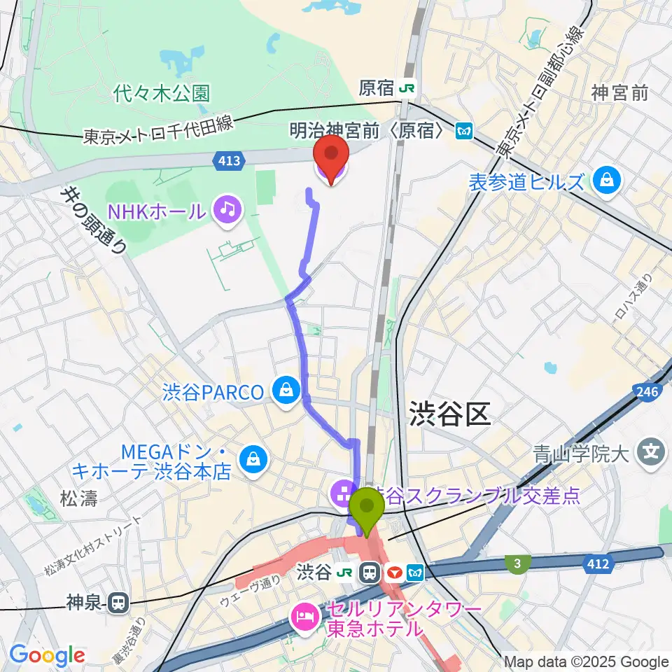 渋谷駅から代々木第一体育館へのルートマップ地図