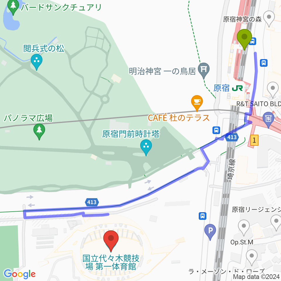 代々木第一体育館の最寄駅原宿駅からの徒歩ルート（約7分）地図