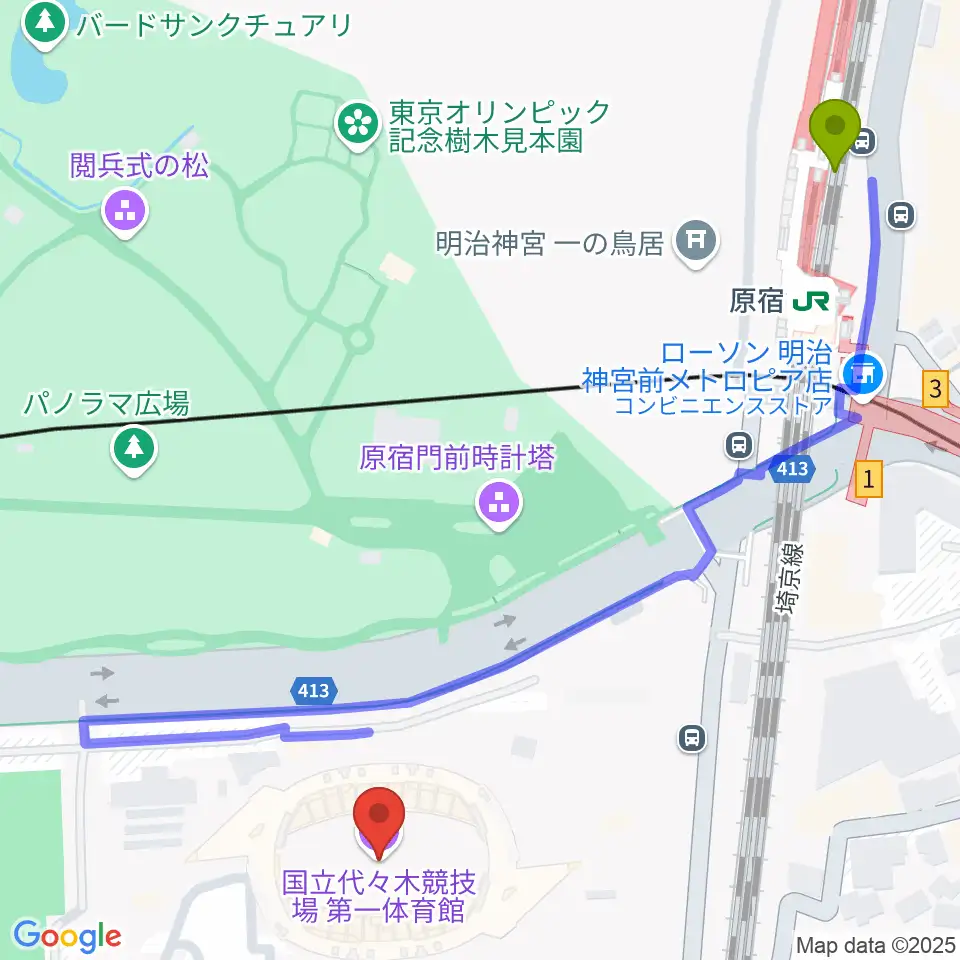 代々木第一体育館の最寄駅原宿駅からの徒歩ルート（約7分）地図