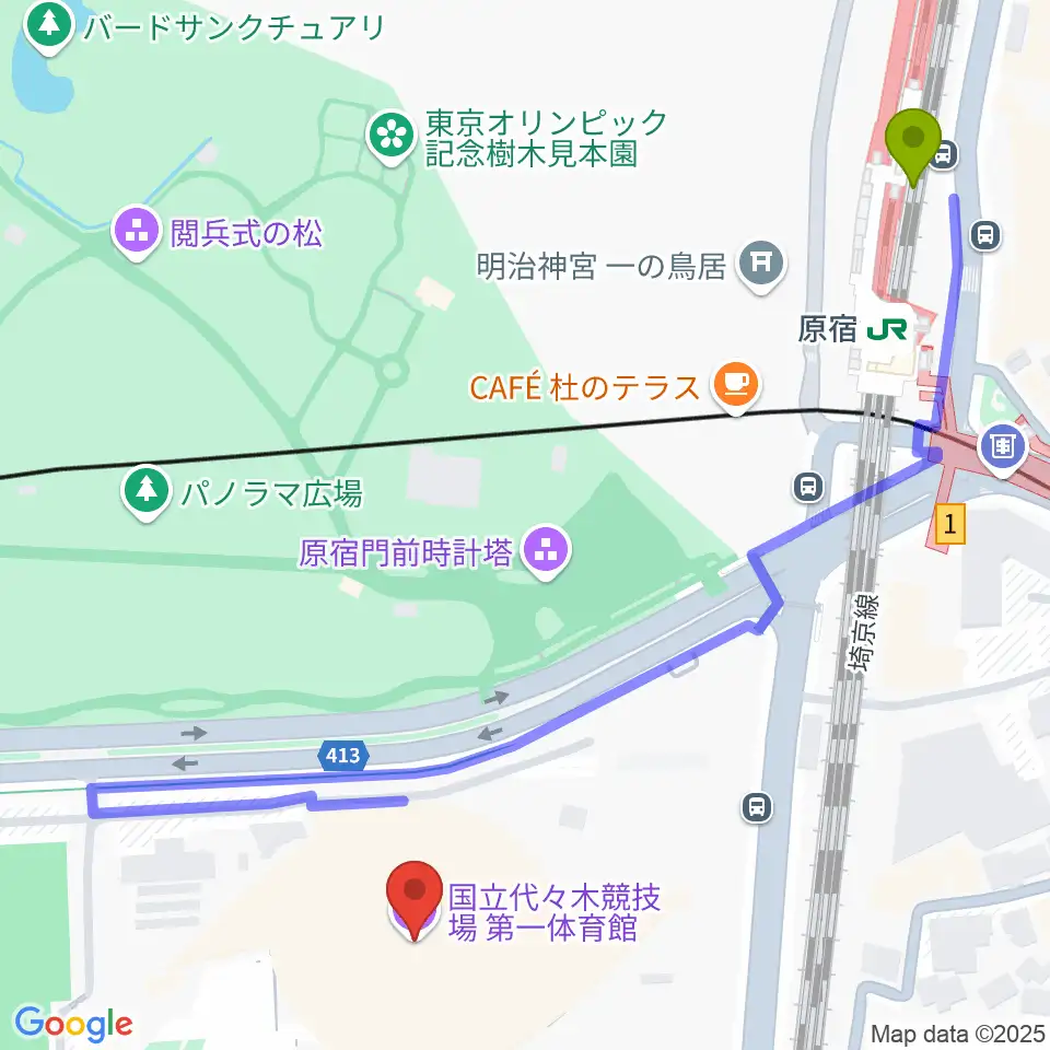 代々木第一体育館の最寄駅原宿駅からの徒歩ルート（約7分）地図