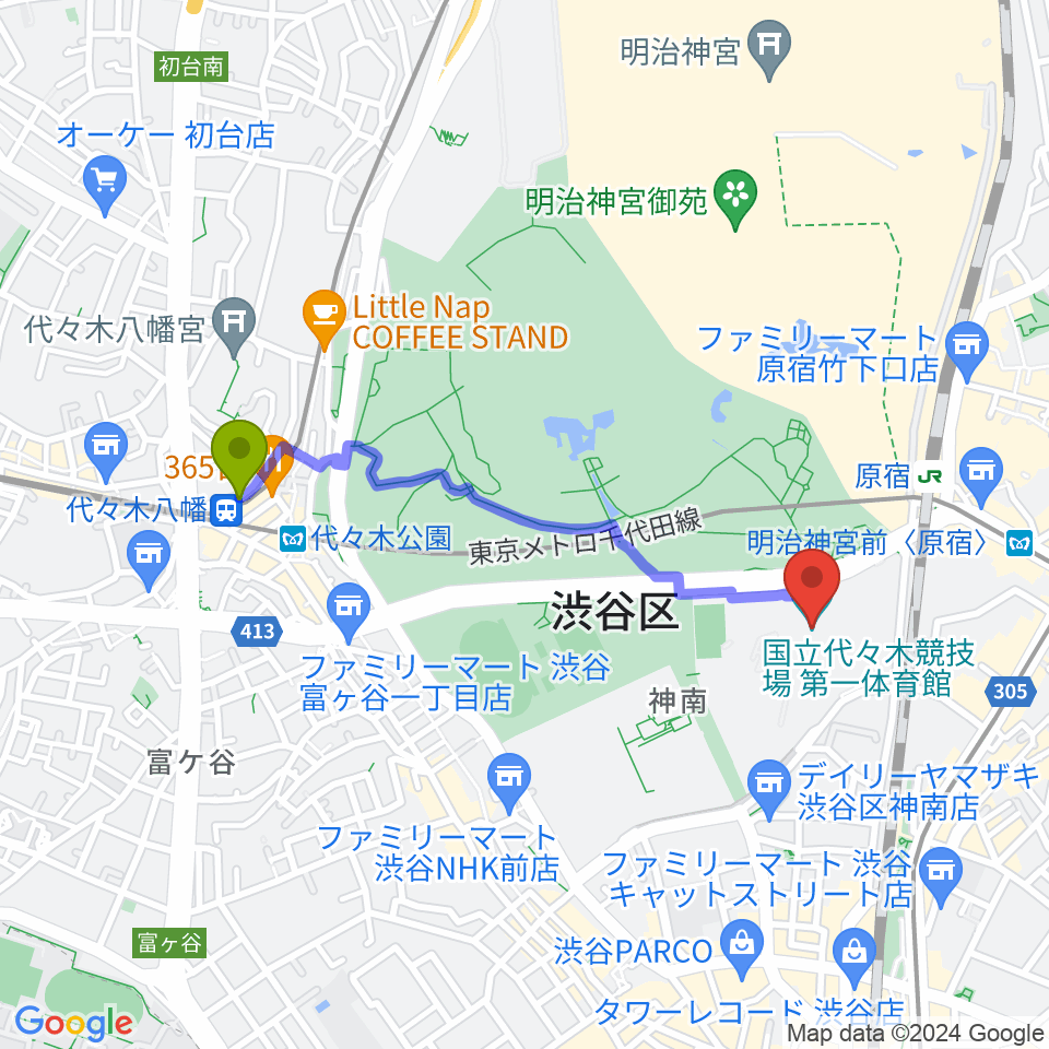 代々木八幡駅から代々木第一体育館へのルートマップ地図