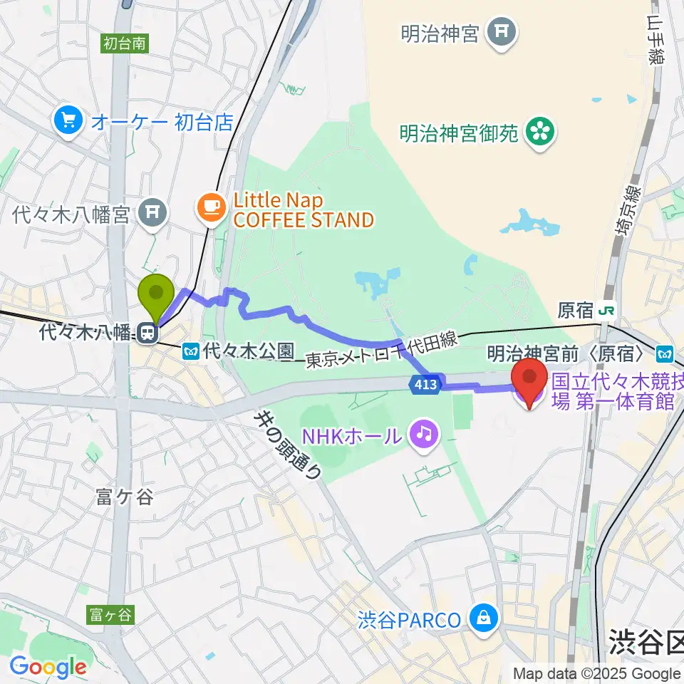 代々木八幡駅から代々木第一体育館へのルートマップ地図