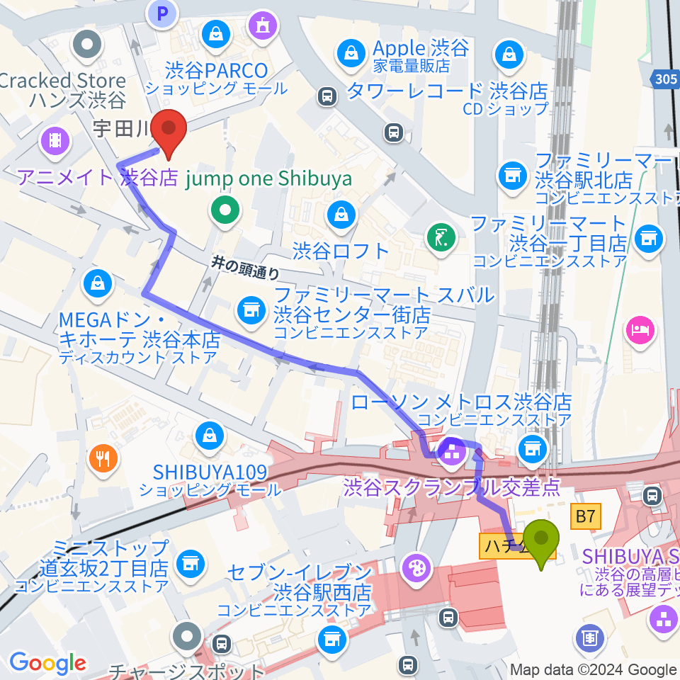 渋谷サイクロンの最寄駅渋谷駅からの徒歩ルート 約6分 Mdata