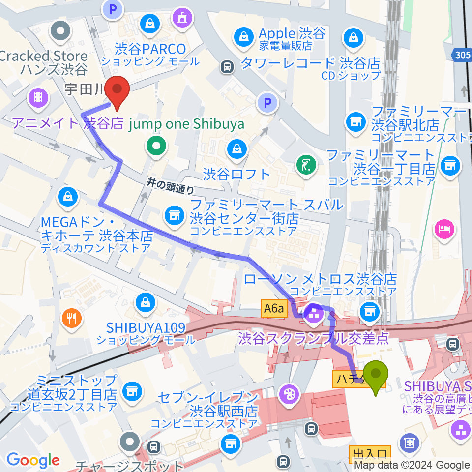 渋谷サイクロンの最寄駅渋谷駅からの徒歩ルート（約6分）地図