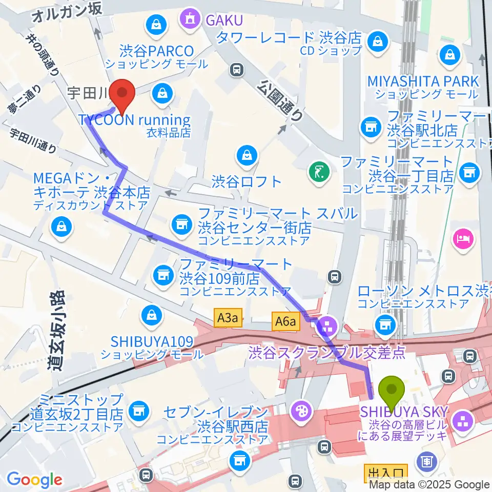 渋谷サイクロンの最寄駅渋谷駅からの徒歩ルート（約6分）地図