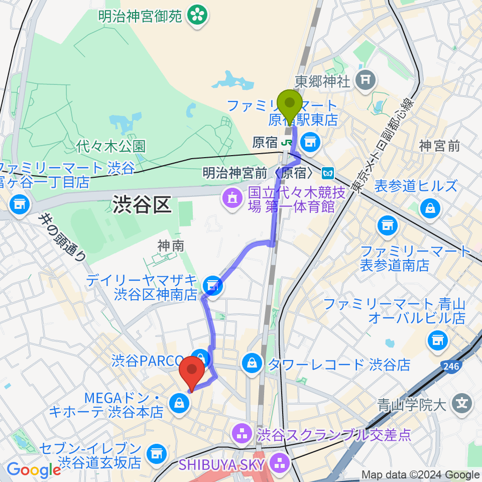 原宿駅から渋谷サイクロンへのルートマップ地図