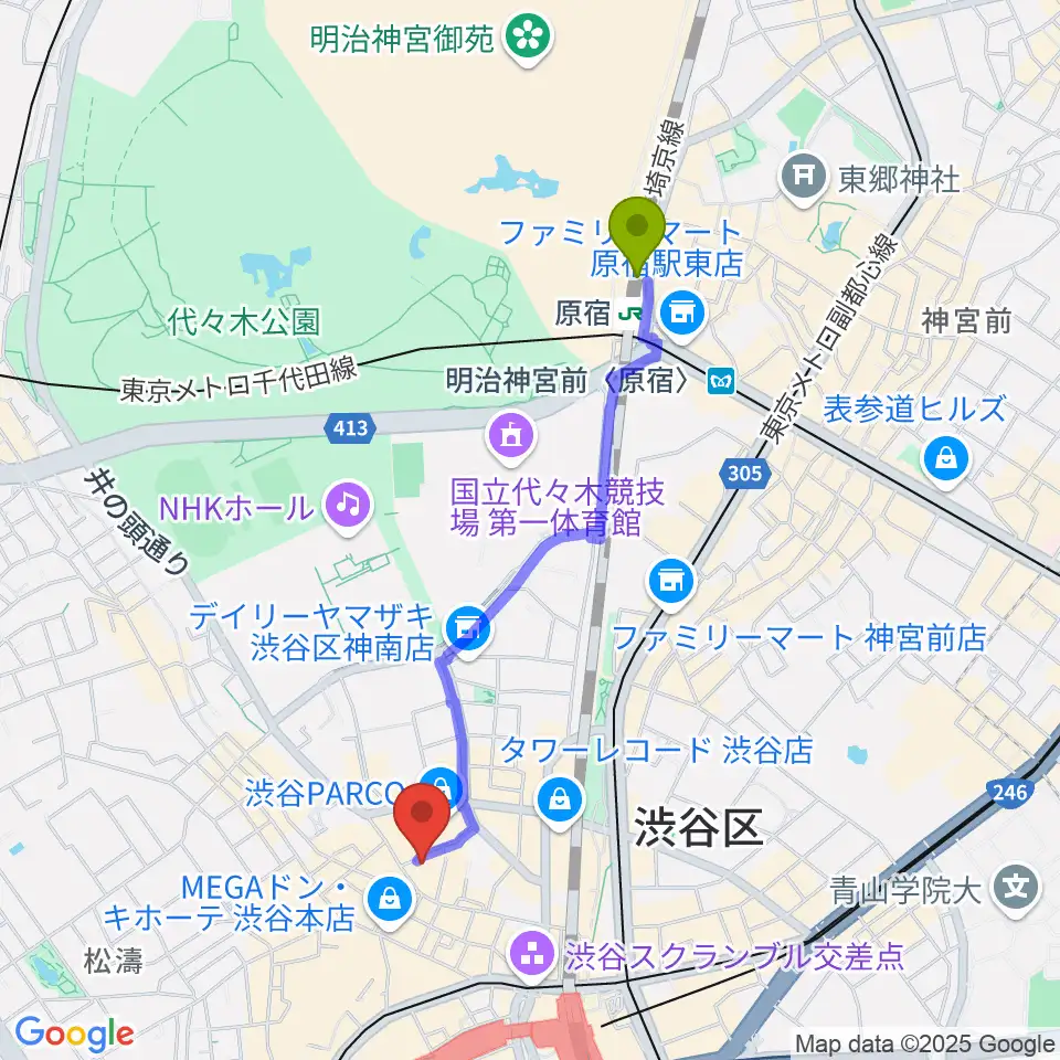 原宿駅から渋谷サイクロンへのルートマップ地図