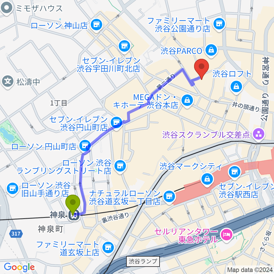 神泉駅から渋谷サイクロンへのルートマップ地図