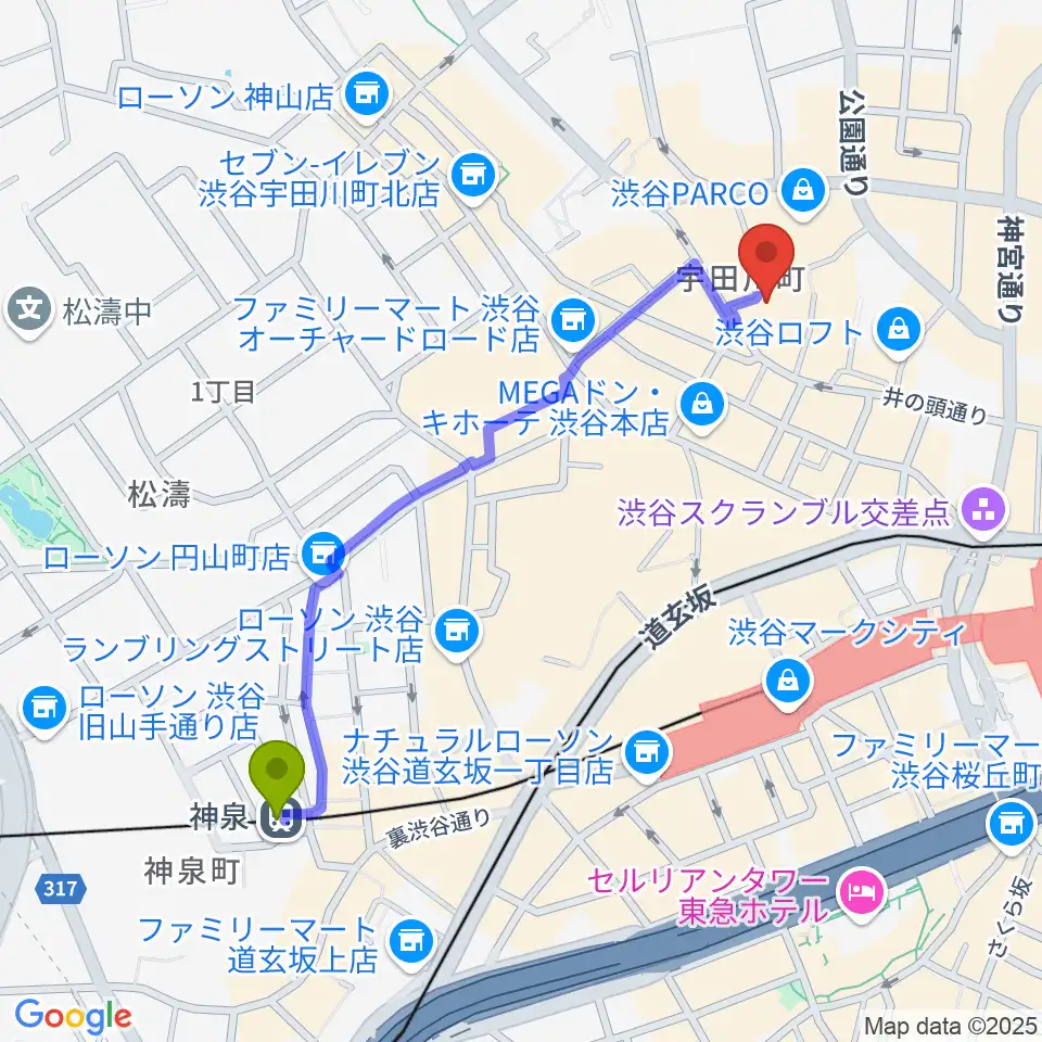神泉駅から渋谷サイクロンへのルートマップ地図