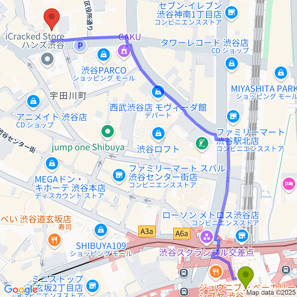 渋谷Milkywayの最寄駅渋谷駅からの徒歩ルート（約8分）地図