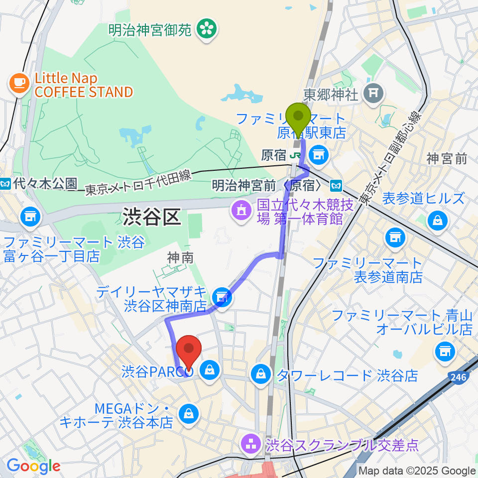 原宿駅から渋谷Milkywayへのルートマップ地図