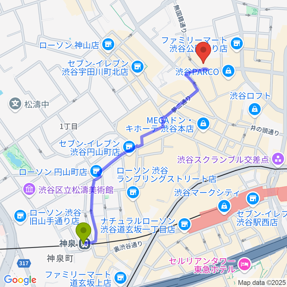 神泉駅から渋谷Milkywayへのルートマップ地図