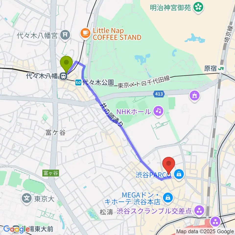 代々木八幡駅から渋谷Milkywayへのルートマップ地図