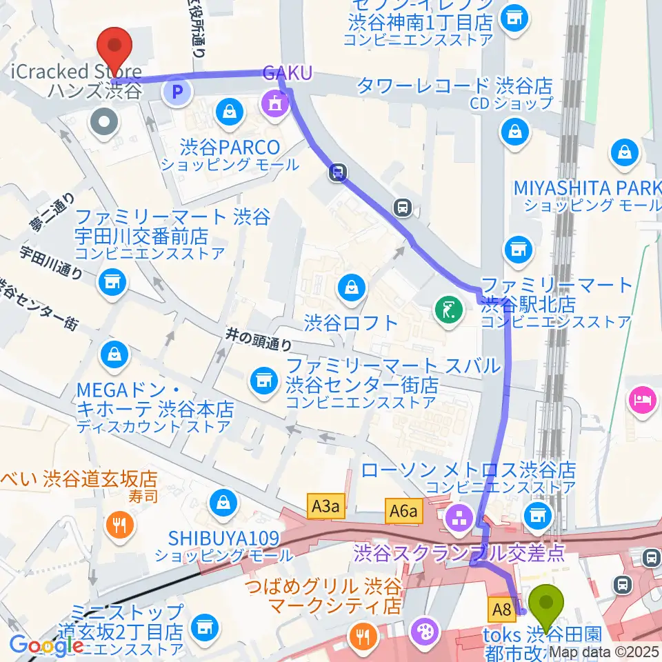 渋谷スターラウンジの最寄駅渋谷駅からの徒歩ルート（約8分）地図