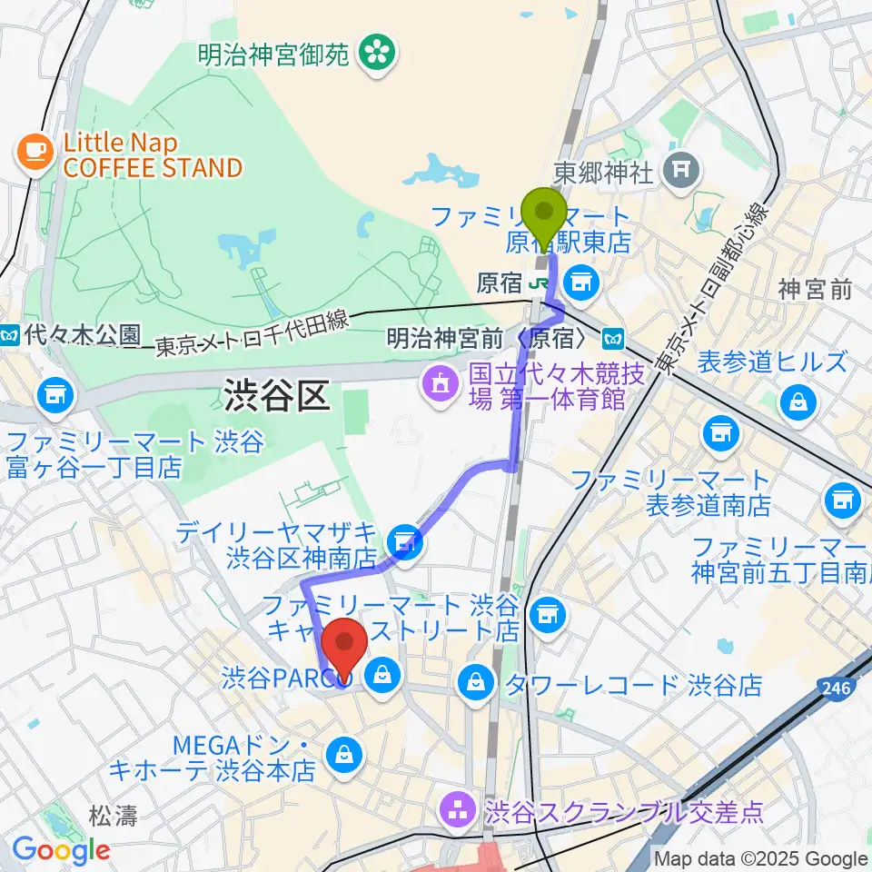 原宿駅から渋谷スターラウンジへのルートマップ地図