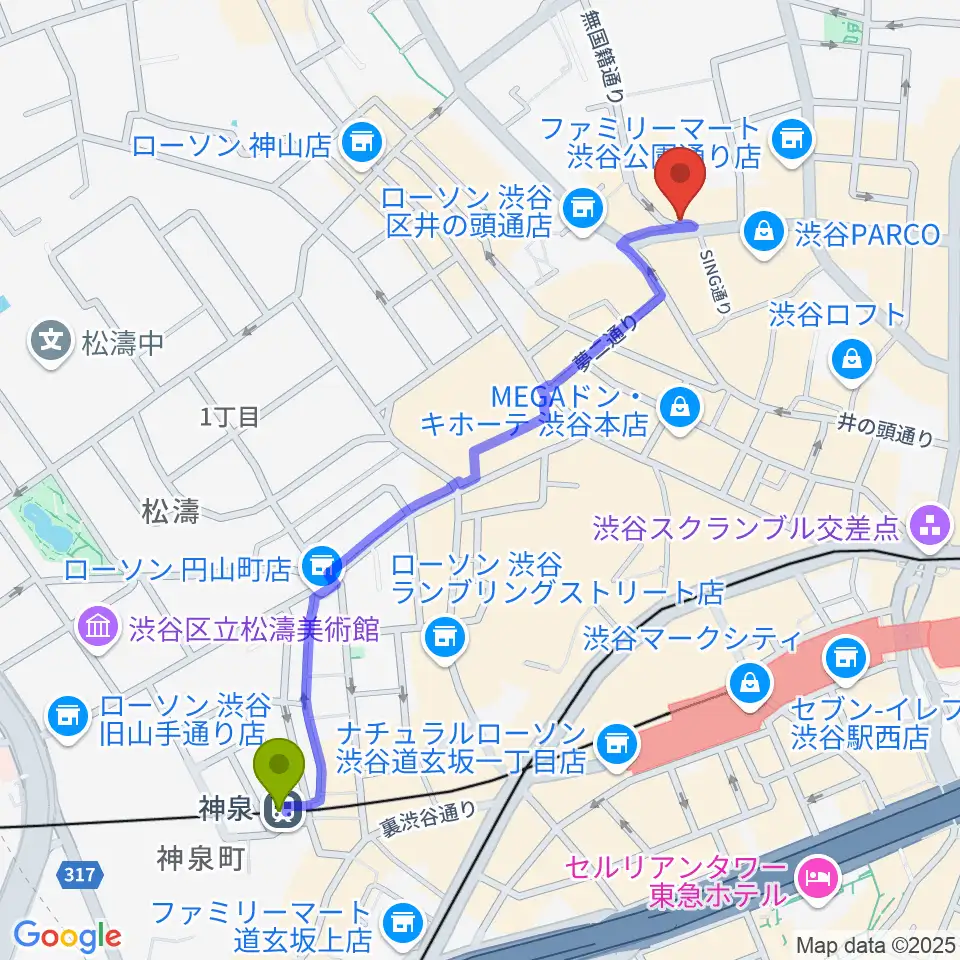 神泉駅から渋谷スターラウンジへのルートマップ地図