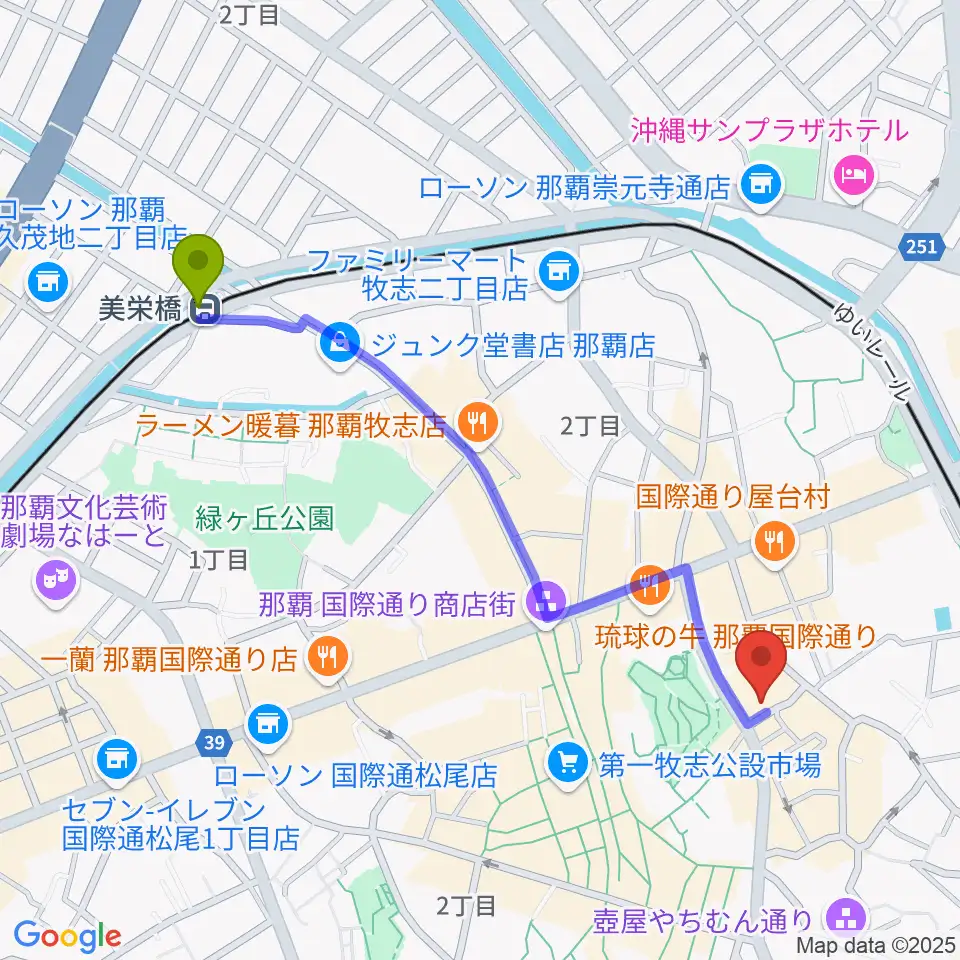 美栄橋駅から桜坂セントラルへのルートマップ地図