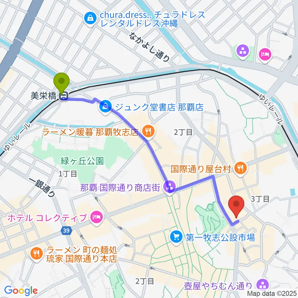 美栄橋駅から桜坂セントラルへのルートマップ地図