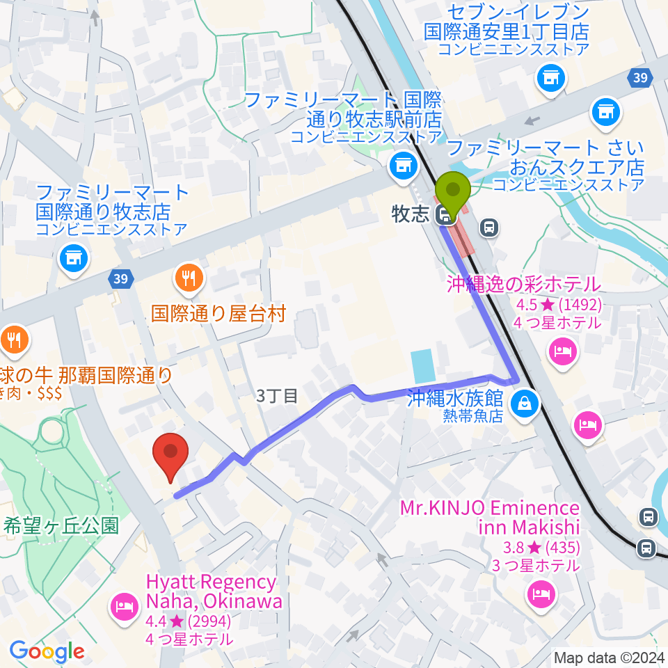 桜坂セントラルの最寄駅牧志駅からの徒歩ルート（約5分）地図