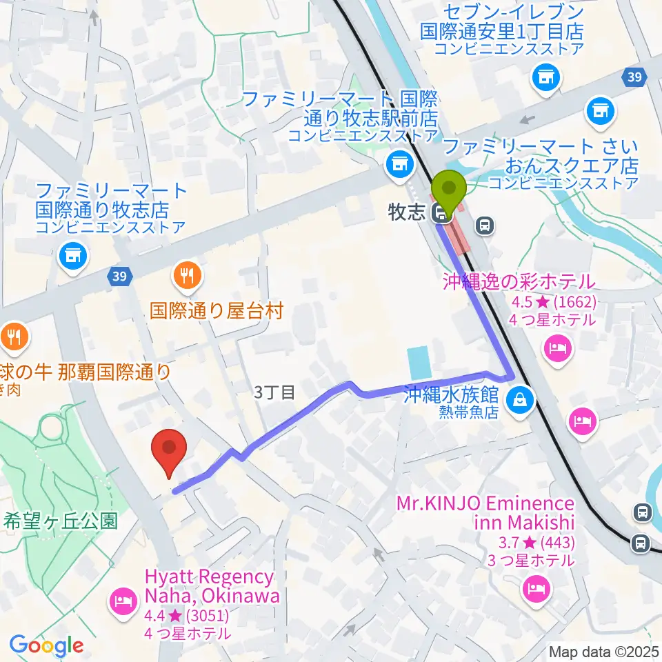 桜坂セントラルの最寄駅牧志駅からの徒歩ルート（約5分）地図