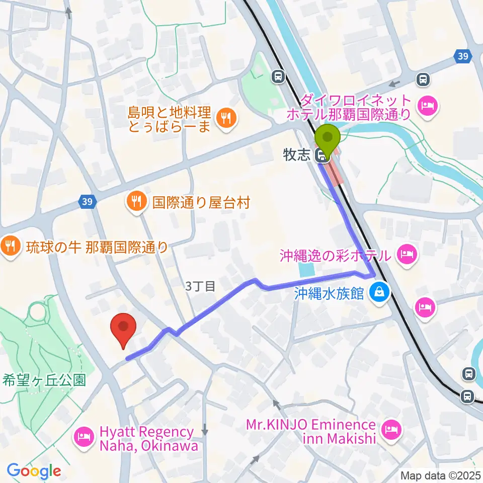 桜坂セントラルの最寄駅牧志駅からの徒歩ルート（約5分）地図