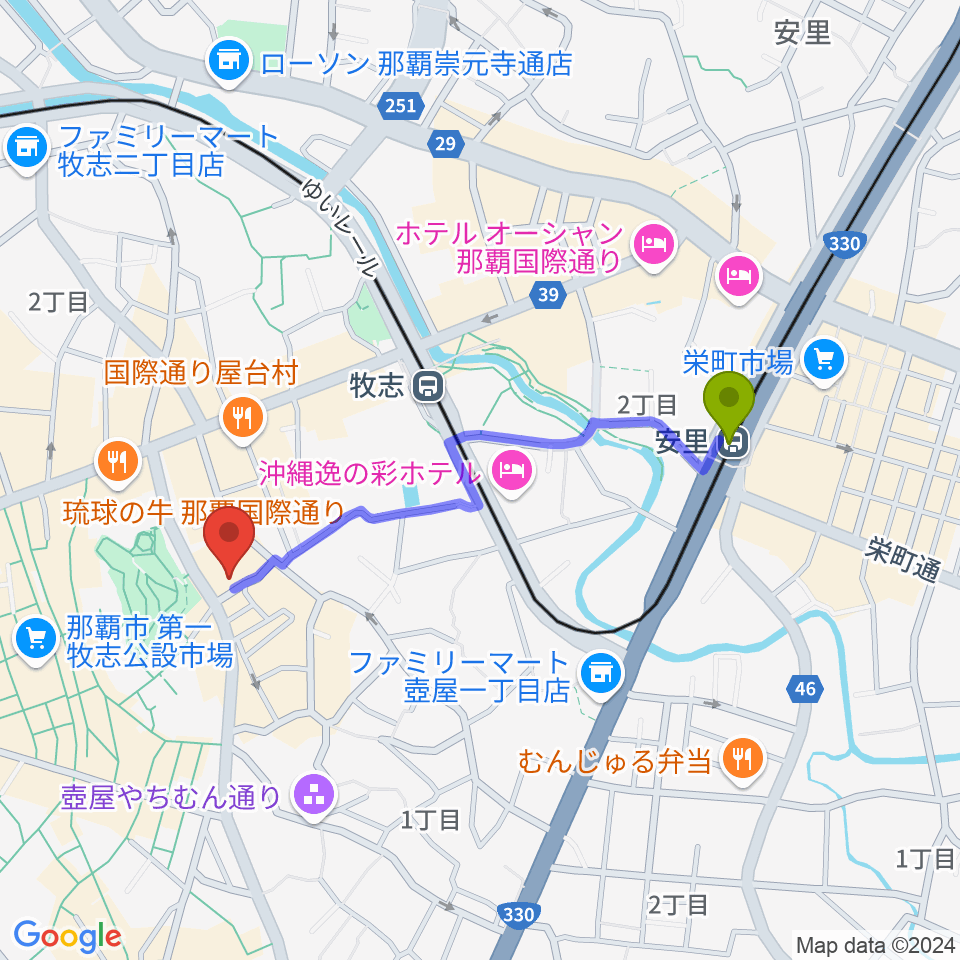 安里駅から桜坂セントラルへのルートマップ地図