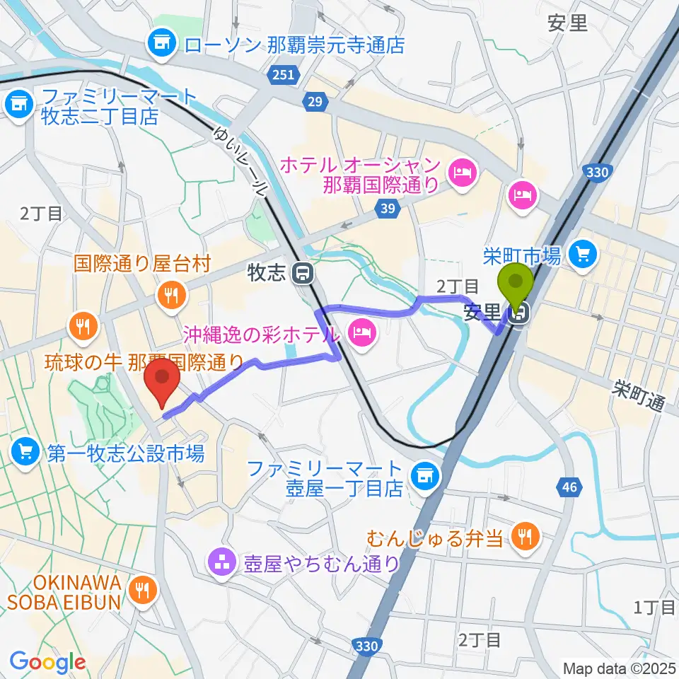 安里駅から桜坂セントラルへのルートマップ地図