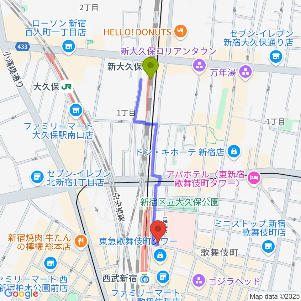 新大久保駅から新宿マーブルへのルートマップ地図