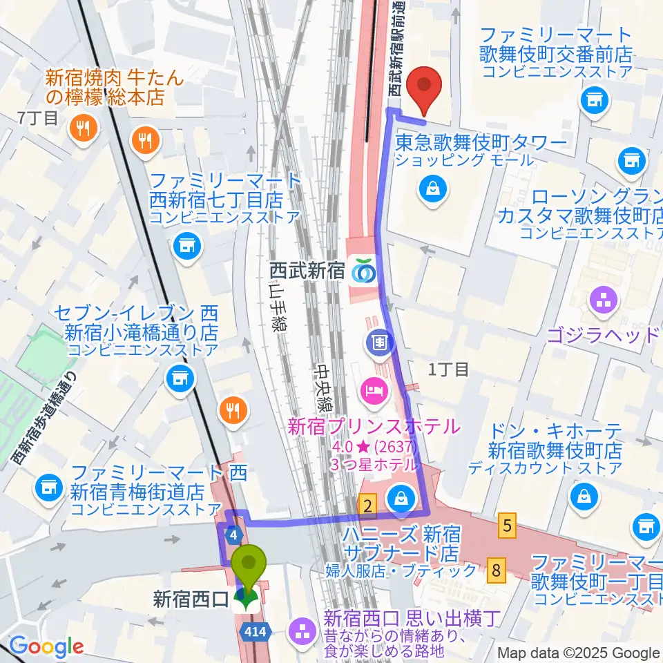 新宿西口駅から新宿マーブルへのルートマップ地図