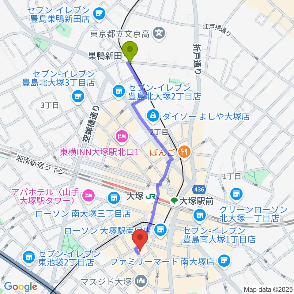 巣鴨新田駅から大塚MEETSへのルートマップ地図
