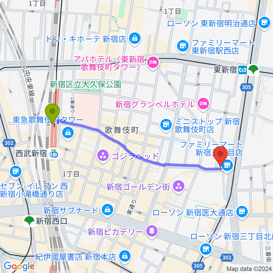 西武新宿駅から新宿ナインスパイスへのルートマップ地図