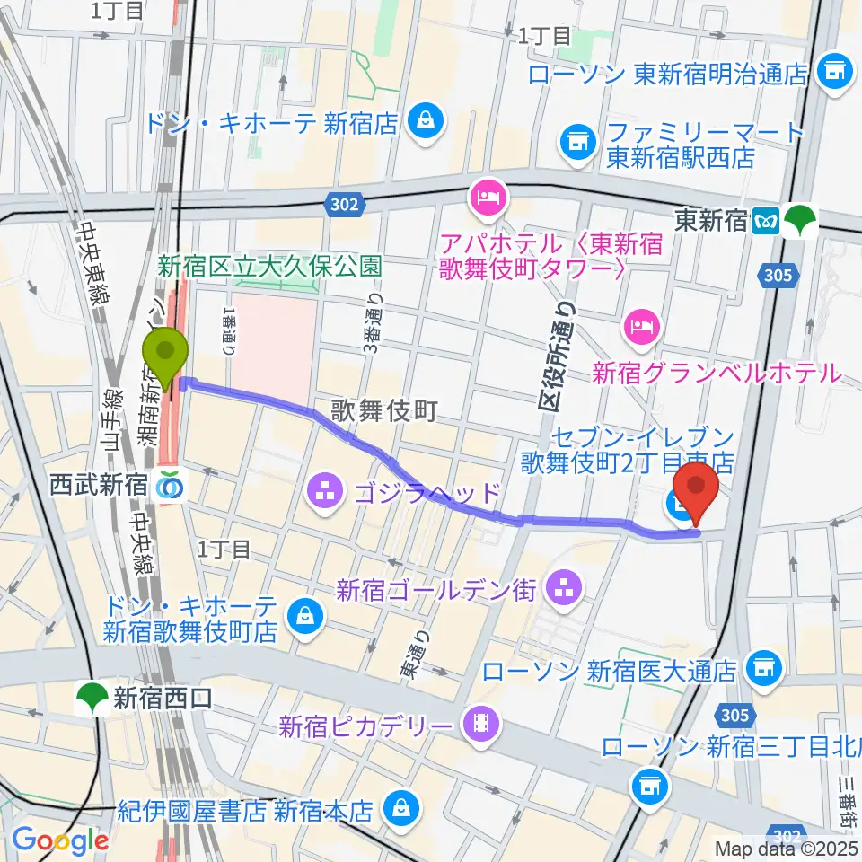 西武新宿駅から新宿ナインスパイスへのルートマップ地図
