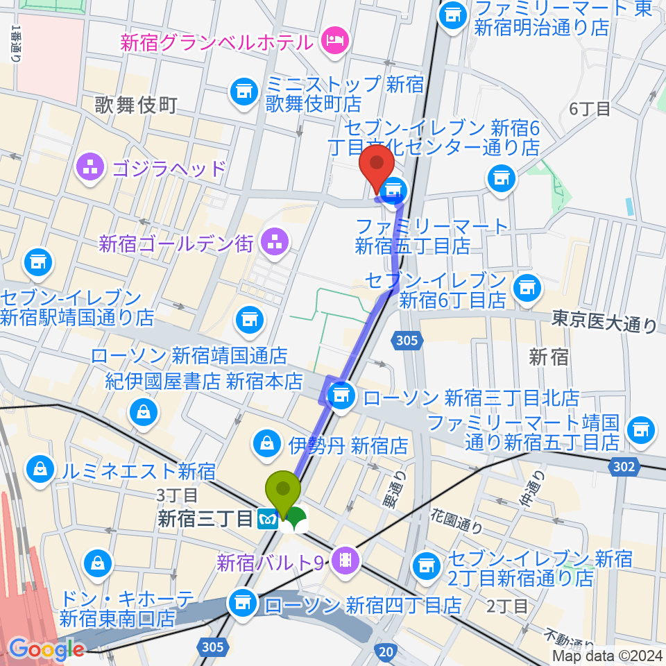 新宿三丁目駅から新宿ナインスパイスへのルートマップ地図