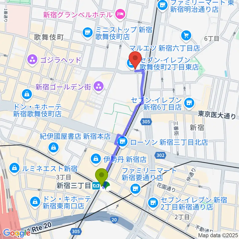 新宿三丁目駅から新宿ナインスパイスへのルートマップ地図