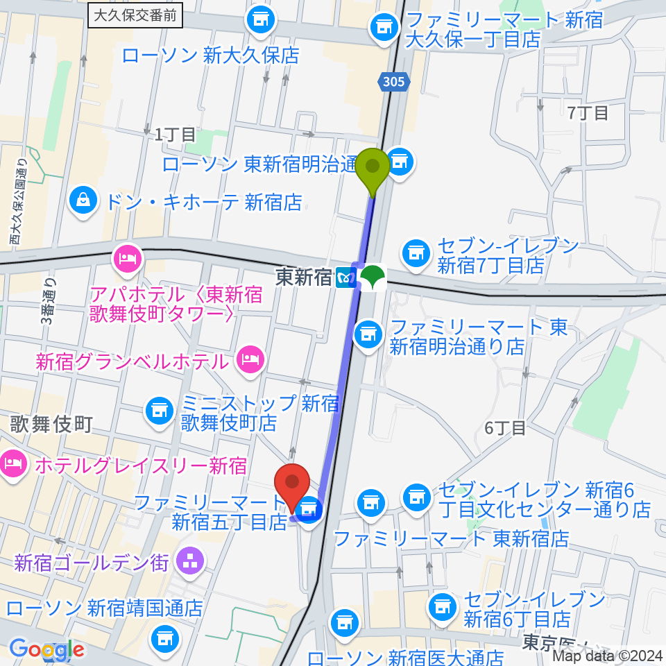 新宿ナインスパイスの最寄駅東新宿駅からの徒歩ルート（約8分）地図