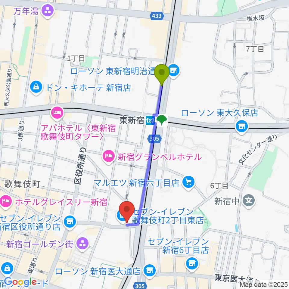 新宿ナインスパイスの最寄駅東新宿駅からの徒歩ルート（約8分）地図