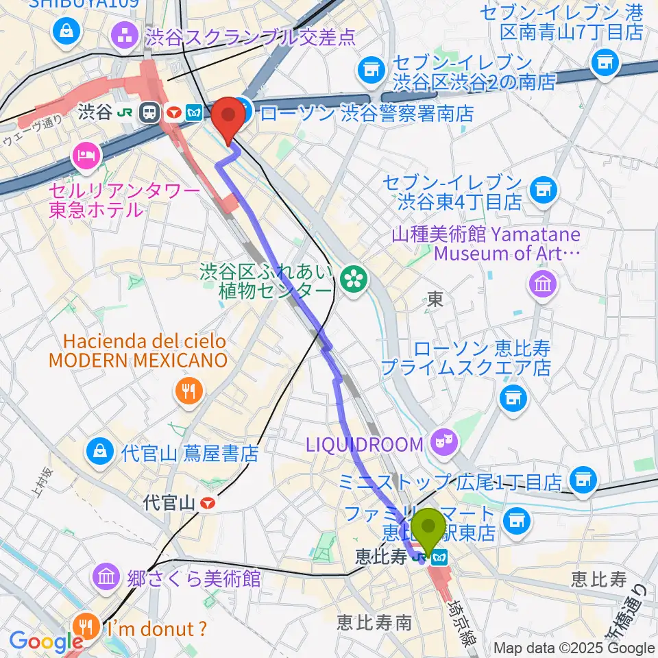 恵比寿駅から渋谷OTOへのルートマップ地図