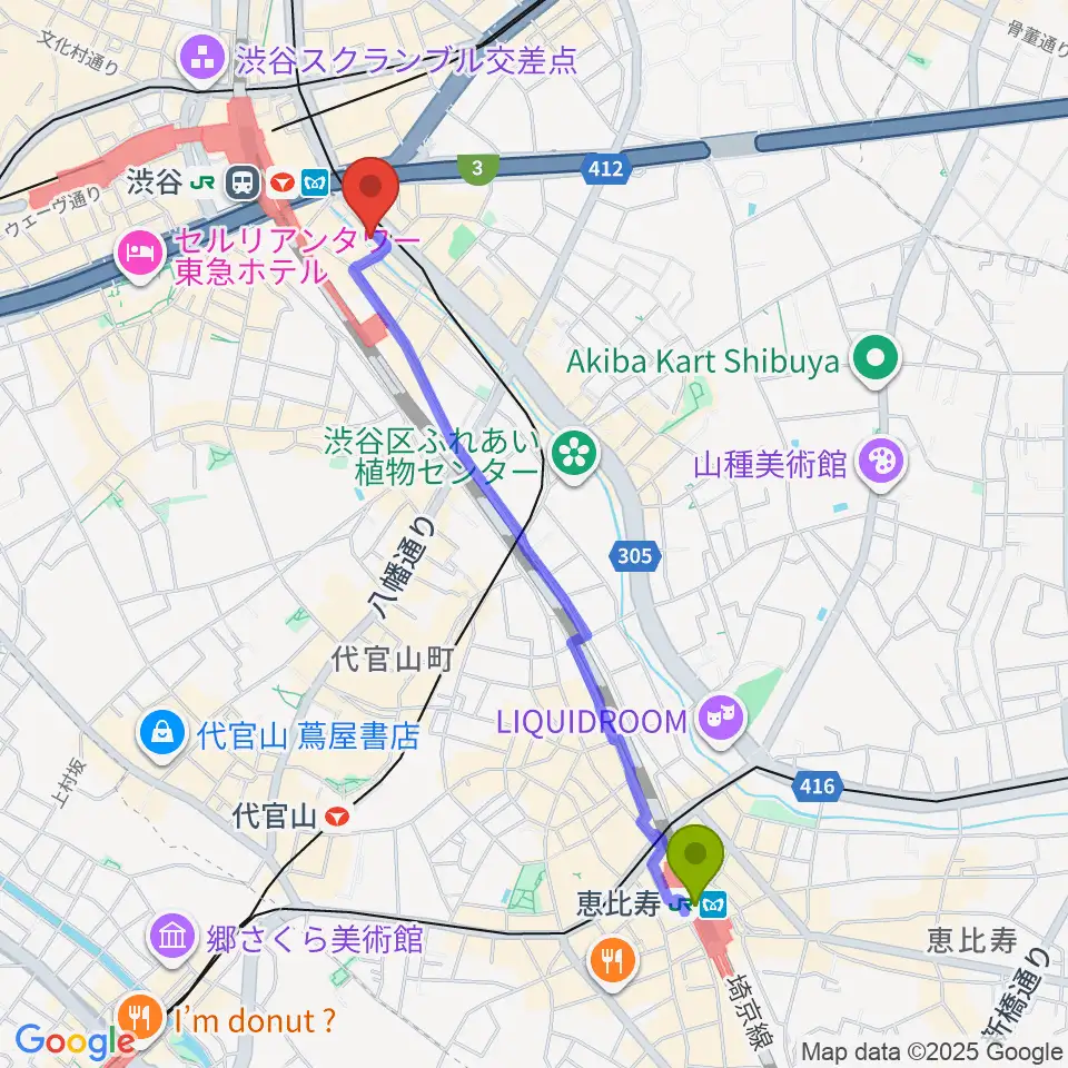 恵比寿駅から渋谷OTOへのルートマップ地図