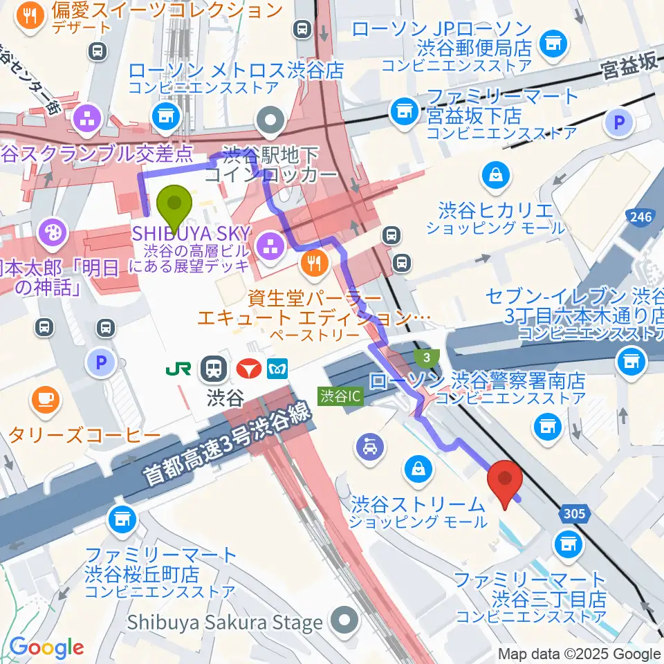 渋谷OTOの最寄駅渋谷駅からの徒歩ルート（約5分）地図