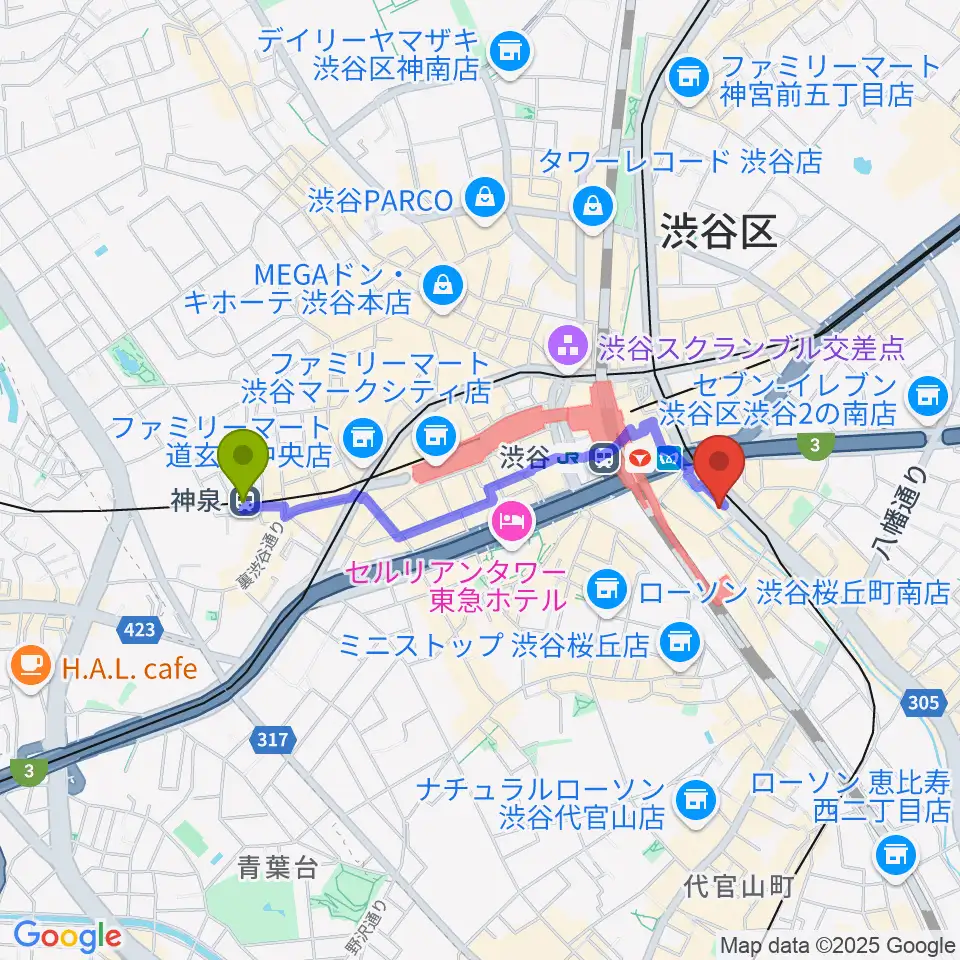 神泉駅から渋谷OTOへのルートマップ地図