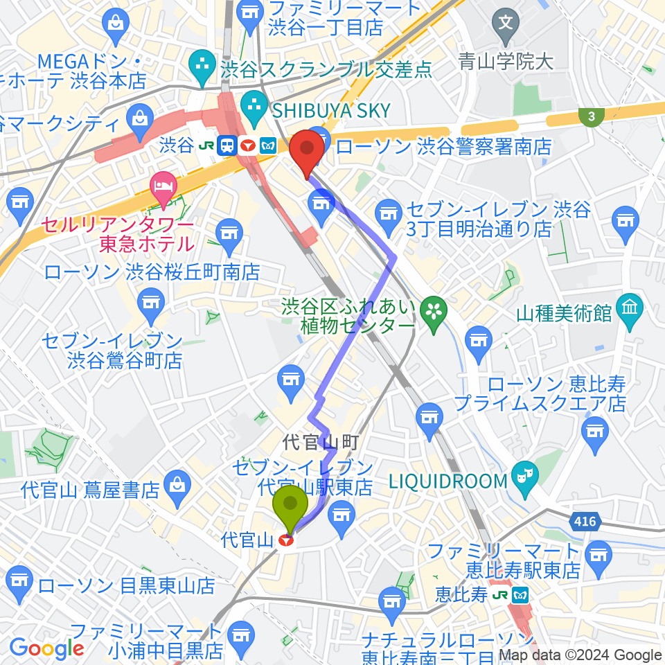 代官山駅から渋谷OTOへのルートマップ地図