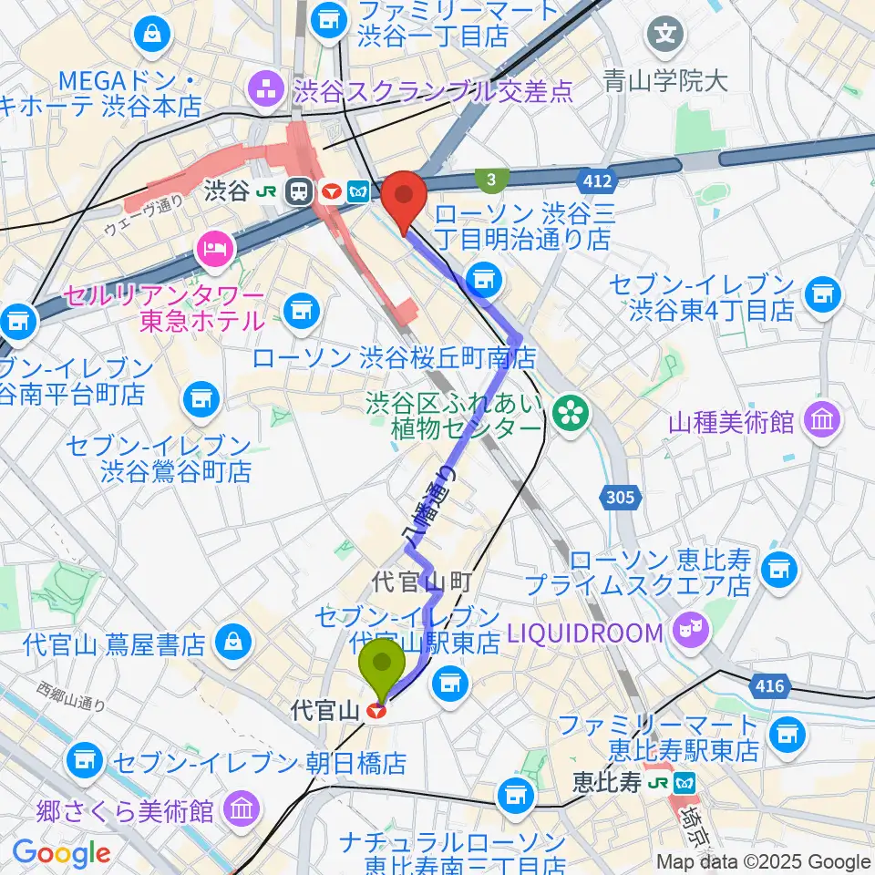 代官山駅から渋谷OTOへのルートマップ地図