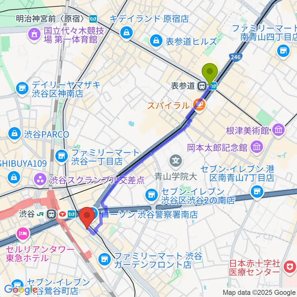 表参道駅から渋谷OTOへのルートマップ地図
