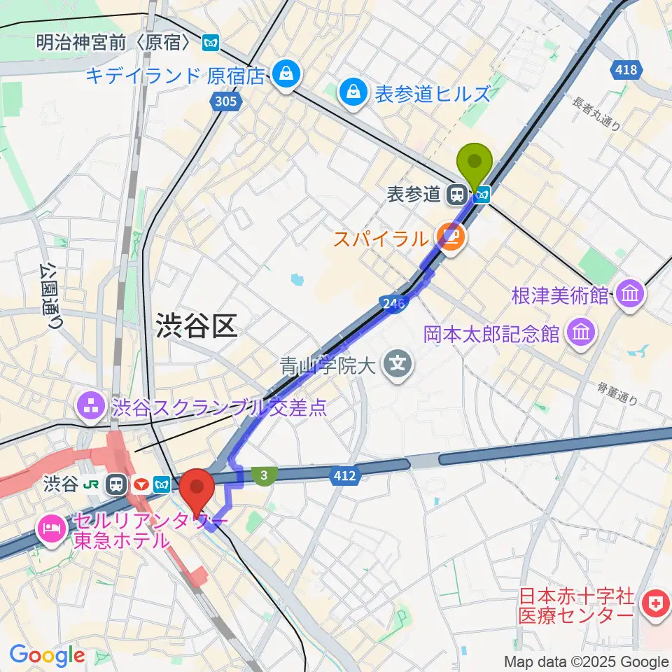 表参道駅から渋谷OTOへのルートマップ地図