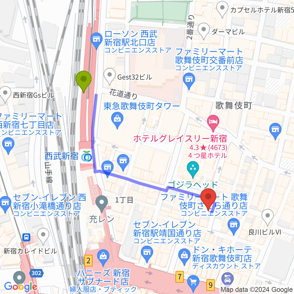 新宿ロフトプラスワンの最寄駅西武新宿駅からの徒歩ルート（約5分）地図