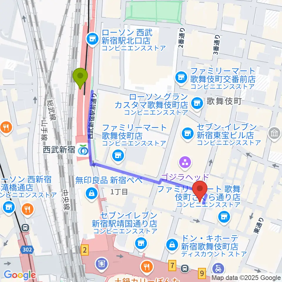 新宿ロフトプラスワンの最寄駅西武新宿駅からの徒歩ルート（約5分）地図