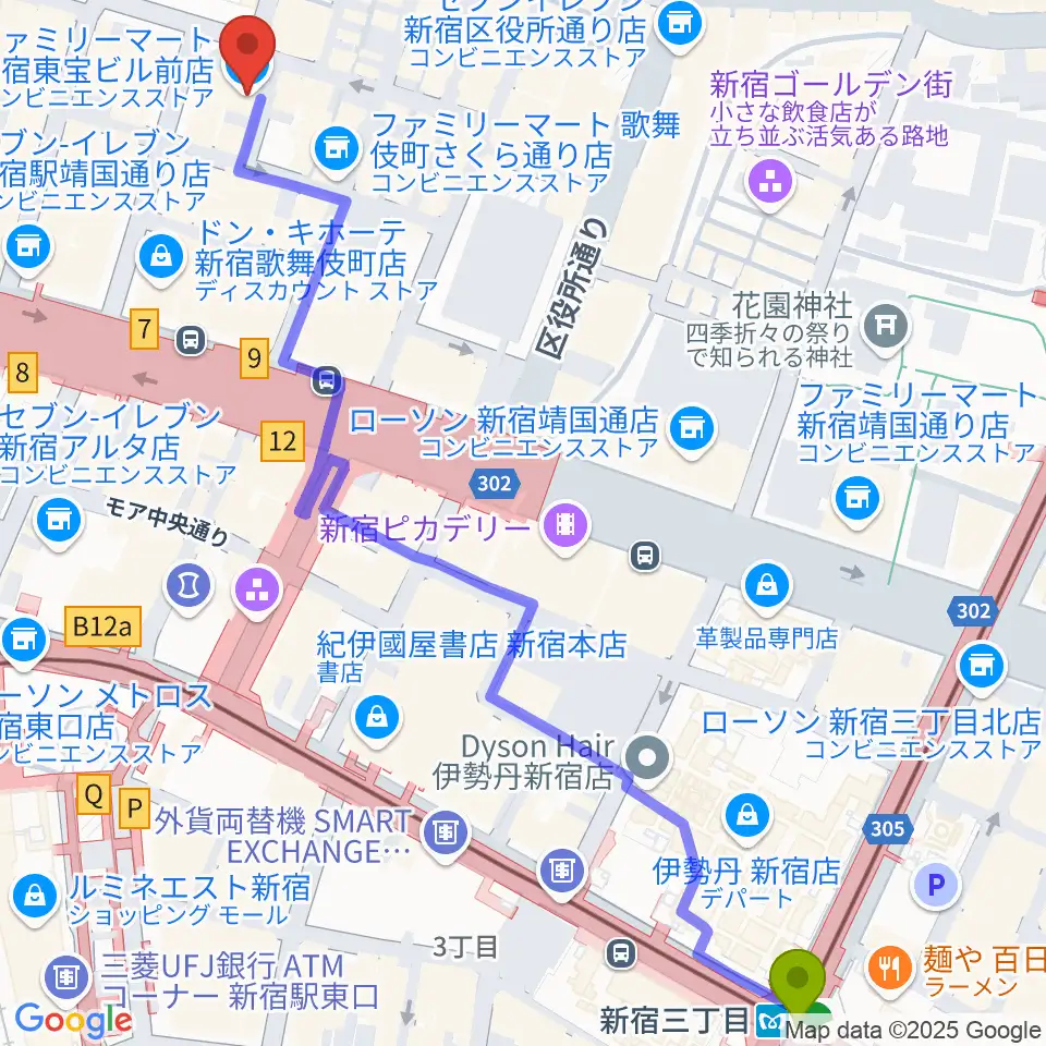 新宿三丁目駅から新宿ロフトプラスワンへのルートマップ Mdata