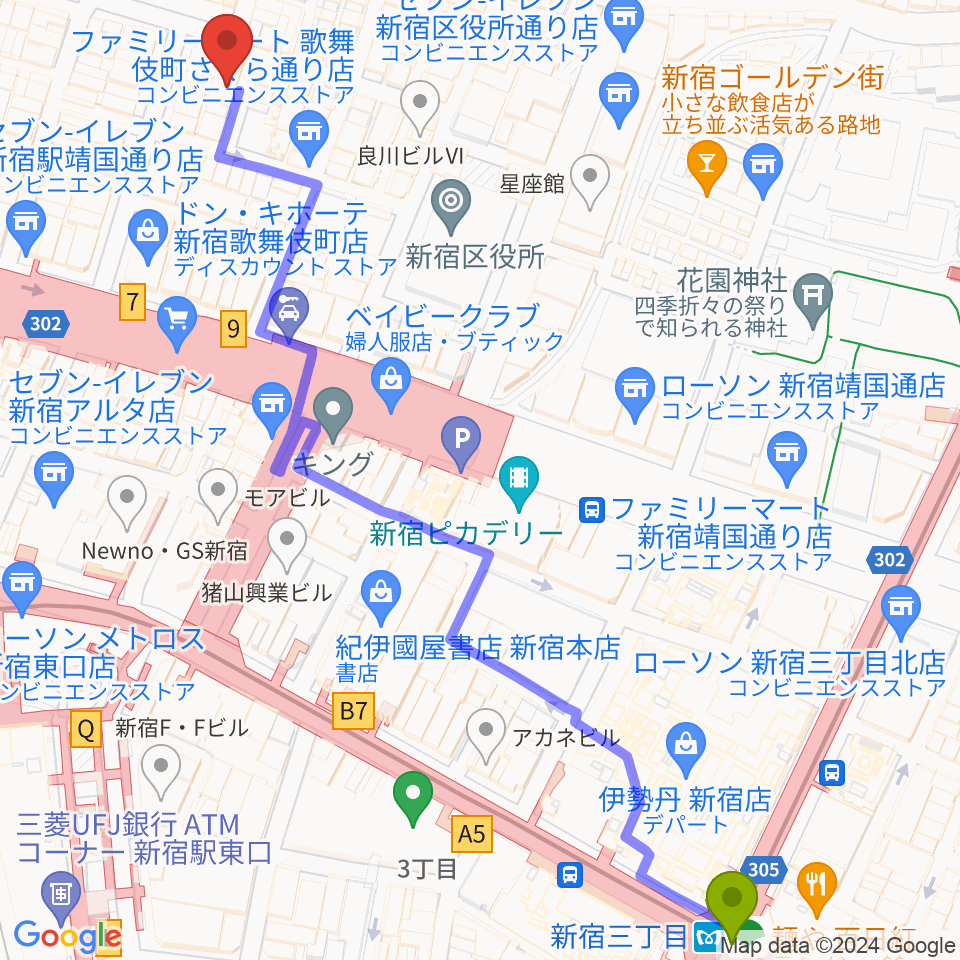 新宿三丁目駅から新宿ロフトプラスワンへのルートマップ地図